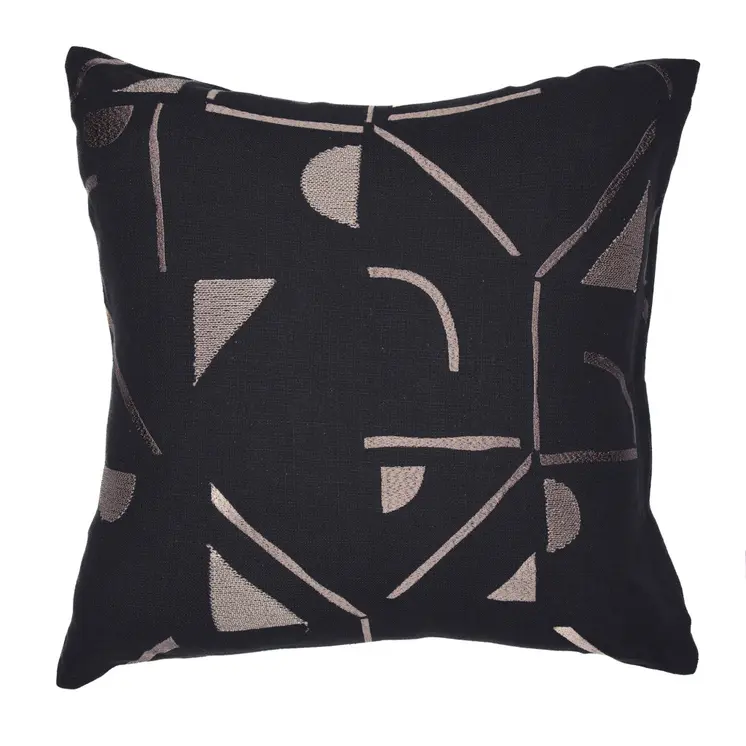 24" Beige and Black Geometric Cotton Blend Throw Pillow With Embroidery