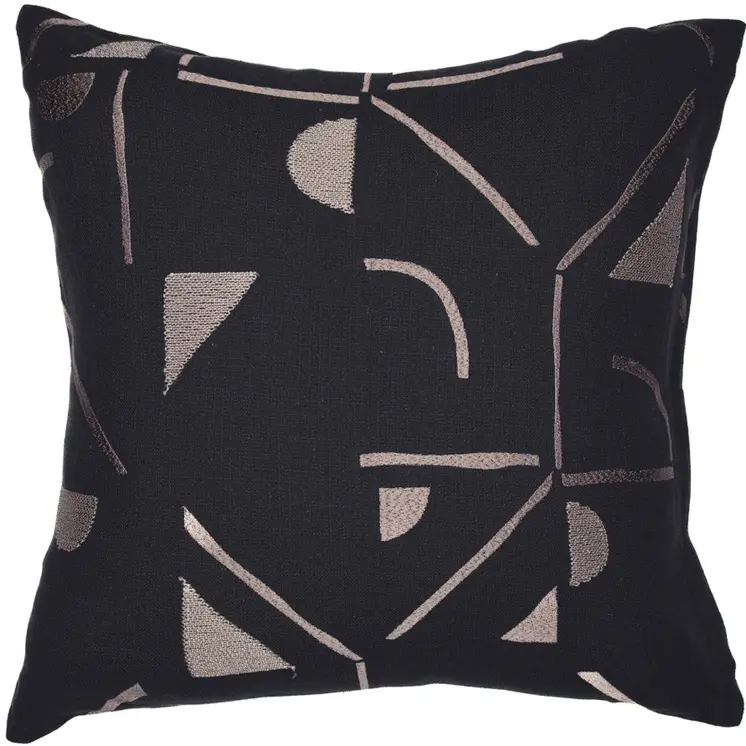 24" Beige and Black Geometric Cotton Blend Throw Pillow With Embroidery