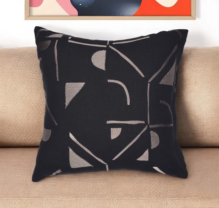 24" Beige and Black Geometric Cotton Blend Throw Pillow With Embroidery