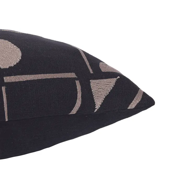 24" Beige and Black Geometric Cotton Blend Throw Pillow With Embroidery