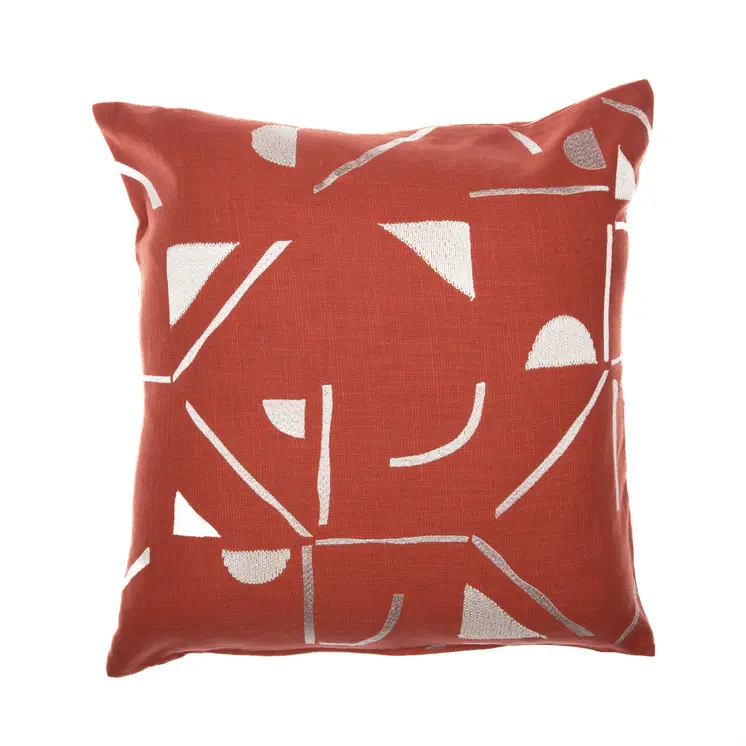 24" Orange and Ivory Geometric Cotton Blend Throw Pillow  With Embroidery