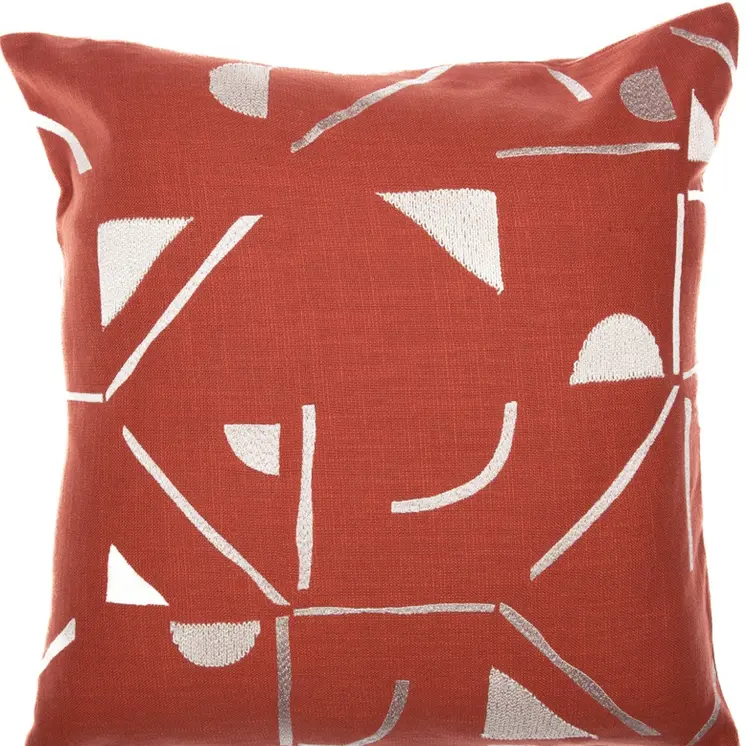 24" Orange and Ivory Geometric Cotton Blend Throw Pillow  With Embroidery