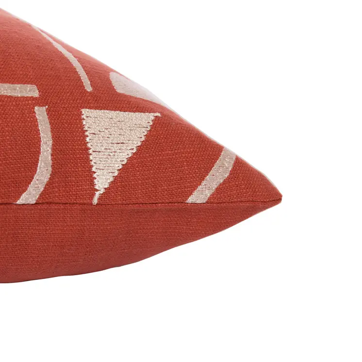 24" Orange and Ivory Geometric Cotton Blend Throw Pillow  With Embroidery