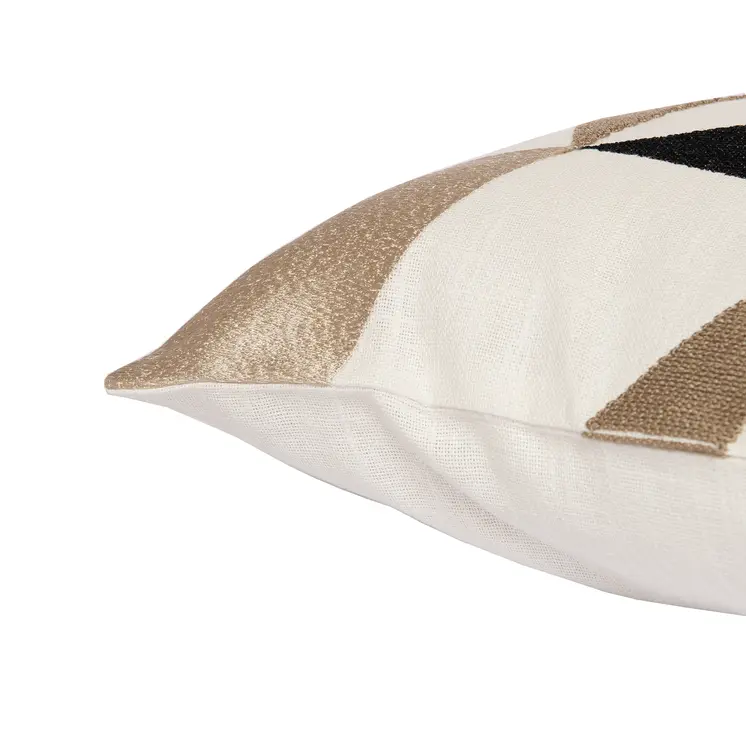 24" Taupe and Ivory Geometric Cotton Blend Throw Pillow With Embroidery