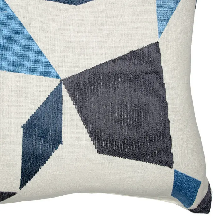 20" Ivory and Blue Geometric Cotton Blend Throw Pillow With Embroidery