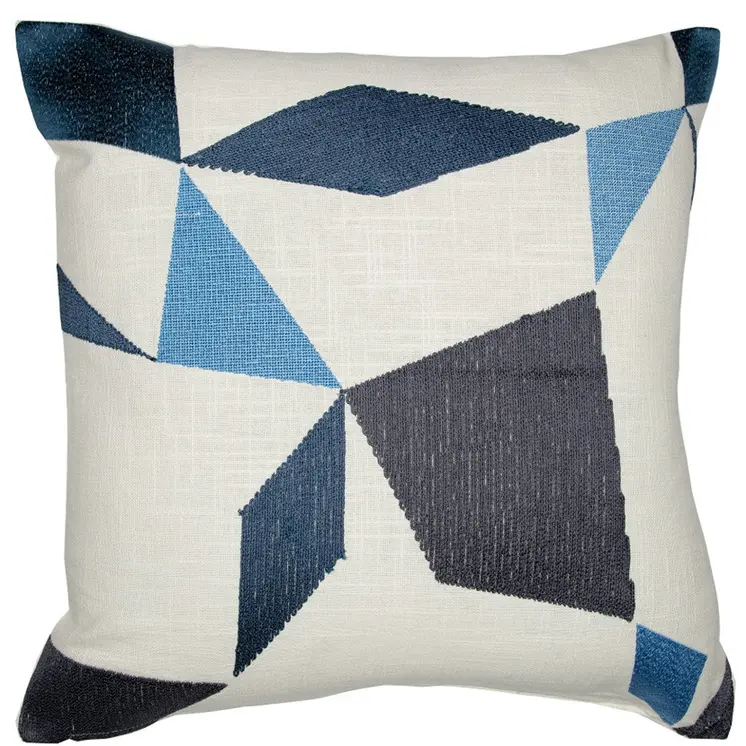20" Ivory and Blue Geometric Cotton Blend Throw Pillow With Embroidery