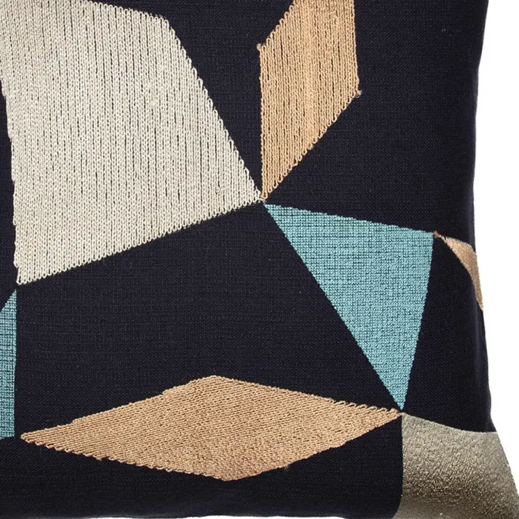24" Blue and Beige Geometric Cotton Blend Throw Pillow With Embroidery