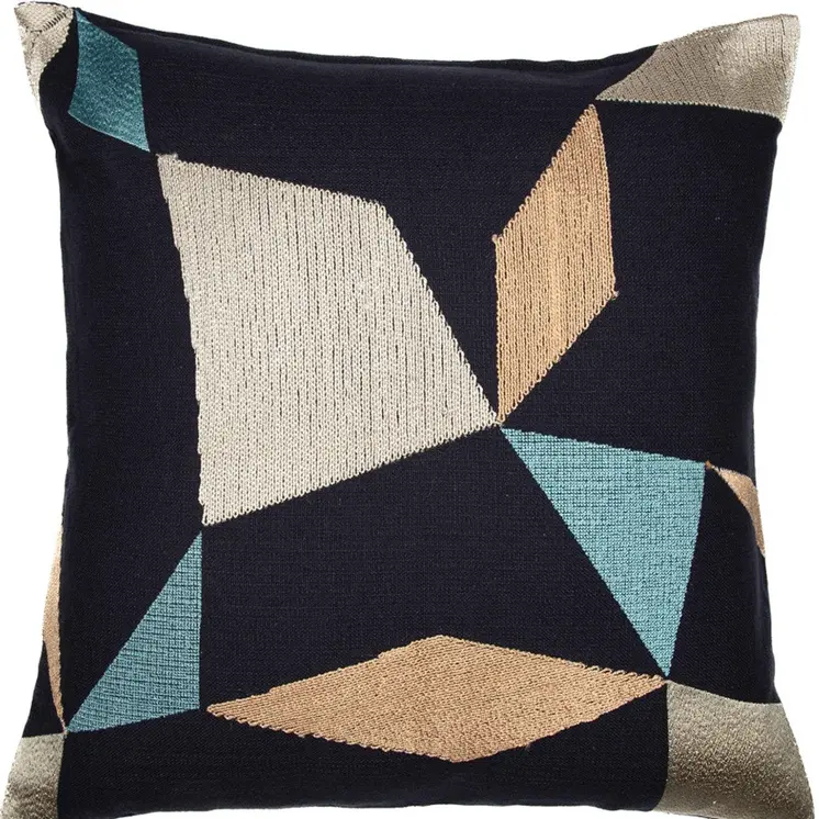 24" Blue and Beige Geometric Cotton Blend Throw Pillow With Embroidery