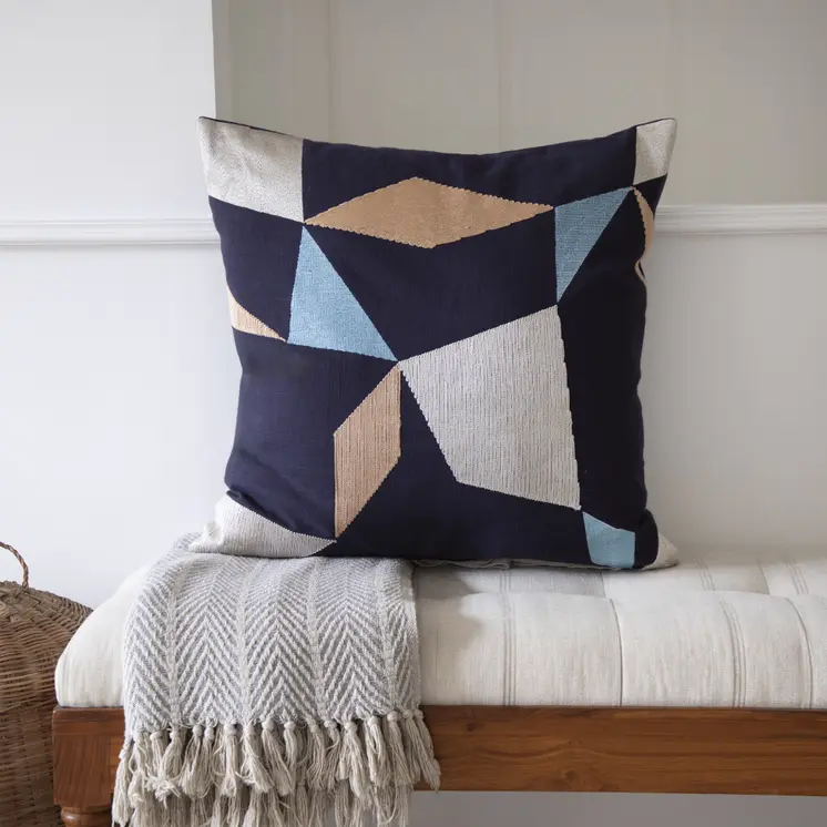 24" Blue and Beige Geometric Cotton Blend Throw Pillow With Embroidery