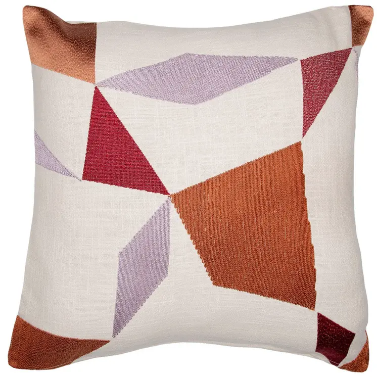 20" Ivory Red and Orange Geometric Cotton Blend Throw Pillow With Embroidery