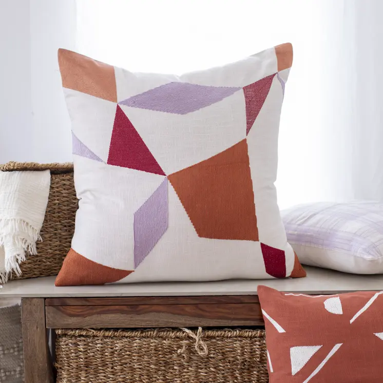 20" Ivory Red and Orange Geometric Cotton Blend Throw Pillow With Embroidery