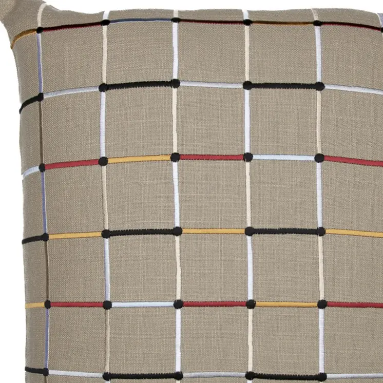 20" Beige Check Cotton Blend Throw Pillow With Embroidery