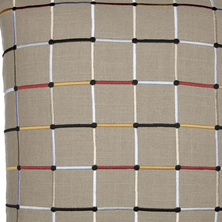 24" Beige Check Cotton Blend Throw Pillow With Embroidery