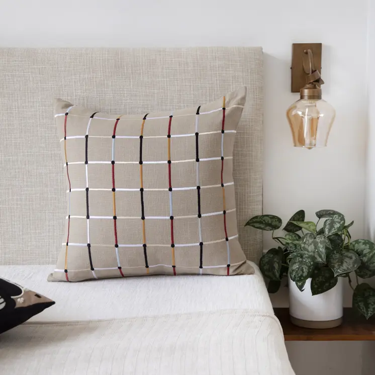 24" Beige Check Cotton Blend Throw Pillow With Embroidery