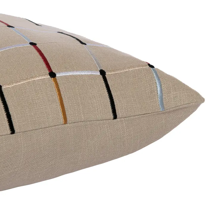 24" Beige Check Cotton Blend Throw Pillow With Embroidery
