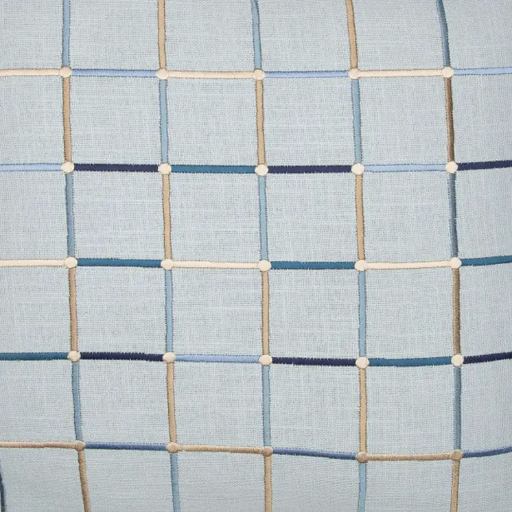 20" Light Blue Check Cotton Blend Throw Pillow With Embroidery