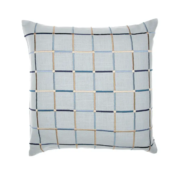 24" Light Blue Check Cotton Blend Throw Pillow  With Embroidery