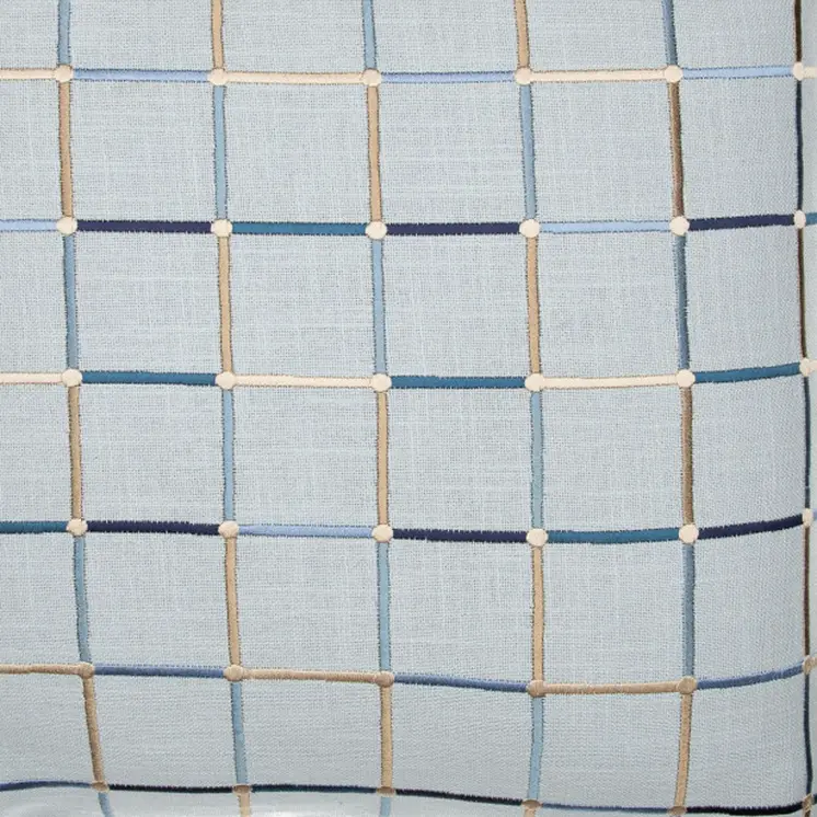24" Light Blue Check Cotton Blend Throw Pillow  With Embroidery
