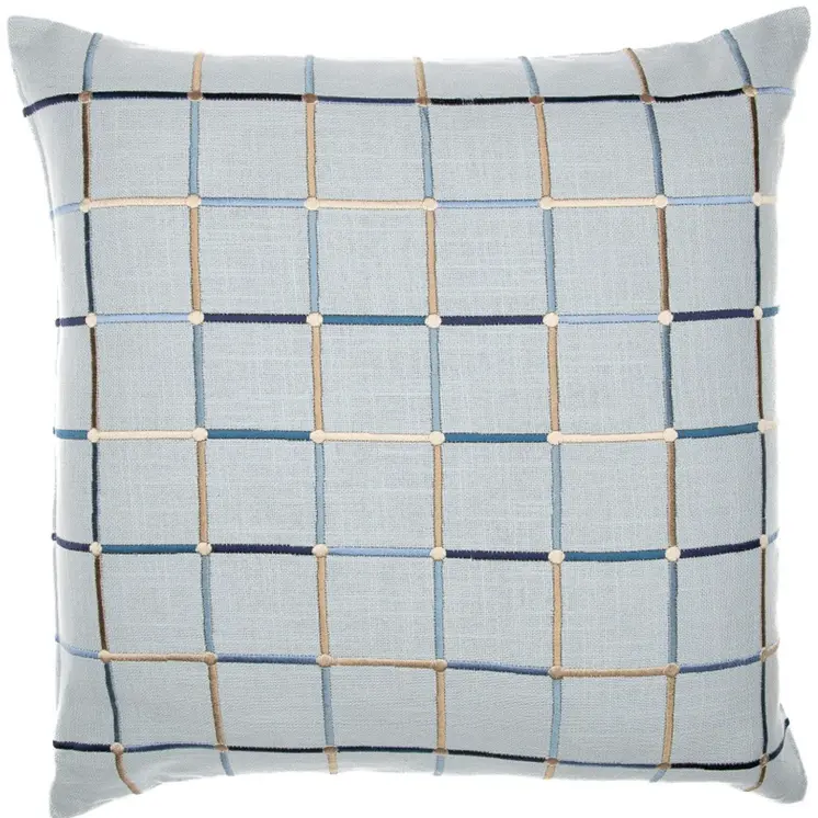 24" Light Blue Check Cotton Blend Throw Pillow  With Embroidery