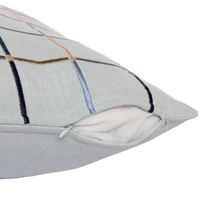 24" Light Blue Check Cotton Blend Throw Pillow  With Embroidery