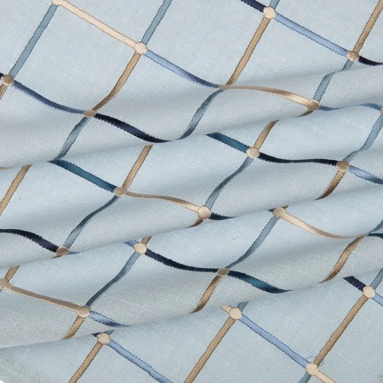 24" Light Blue Check Cotton Blend Throw Pillow  With Embroidery