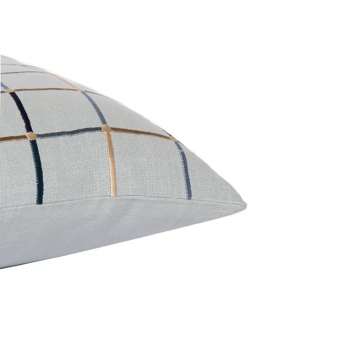 24" Light Blue Check Cotton Blend Throw Pillow  With Embroidery