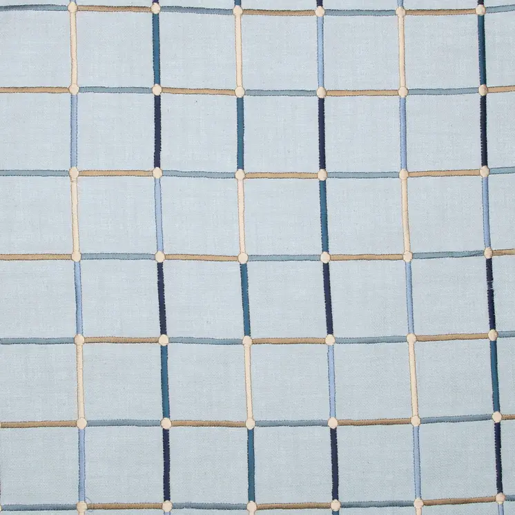 24" Light Blue Check Cotton Blend Throw Pillow  With Embroidery