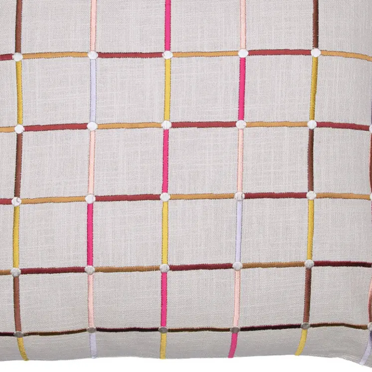 24" White Check Cotton Blend Throw Pillow With Embroidery