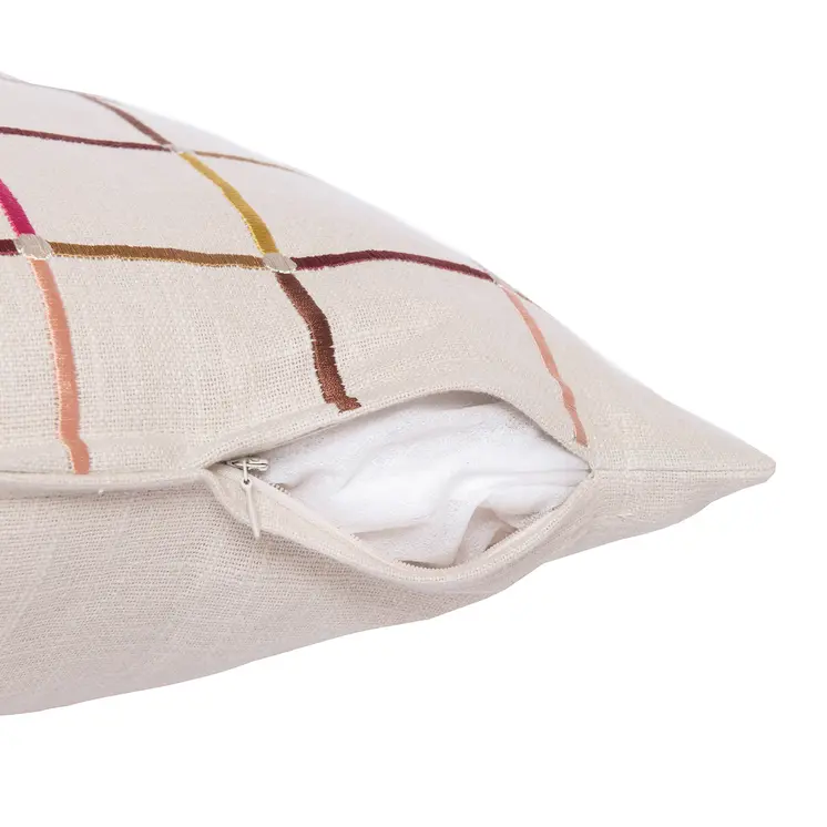24" White Check Cotton Blend Throw Pillow With Embroidery