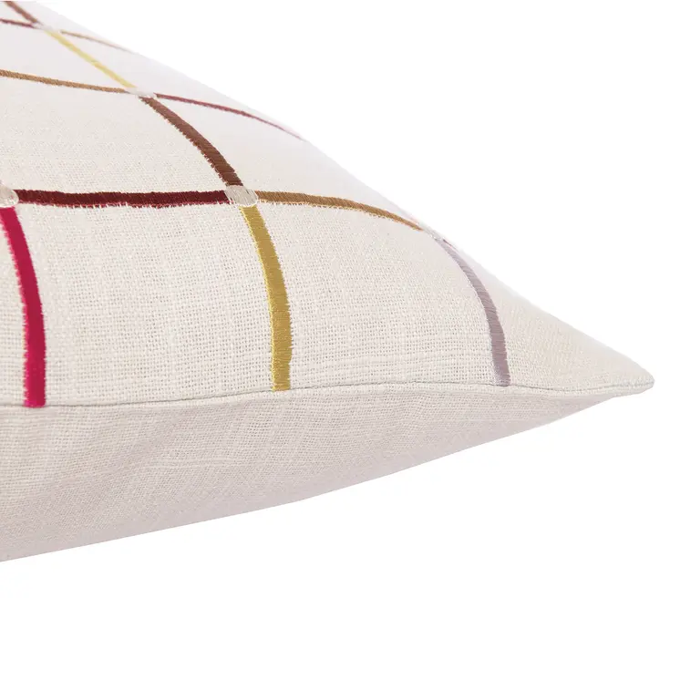 24" White Check Cotton Blend Throw Pillow With Embroidery