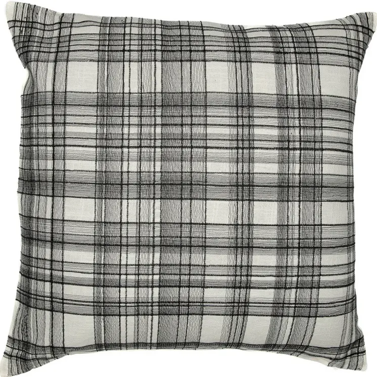 24" White and Black Check Cotton Blend Throw Pillow With Embroidery