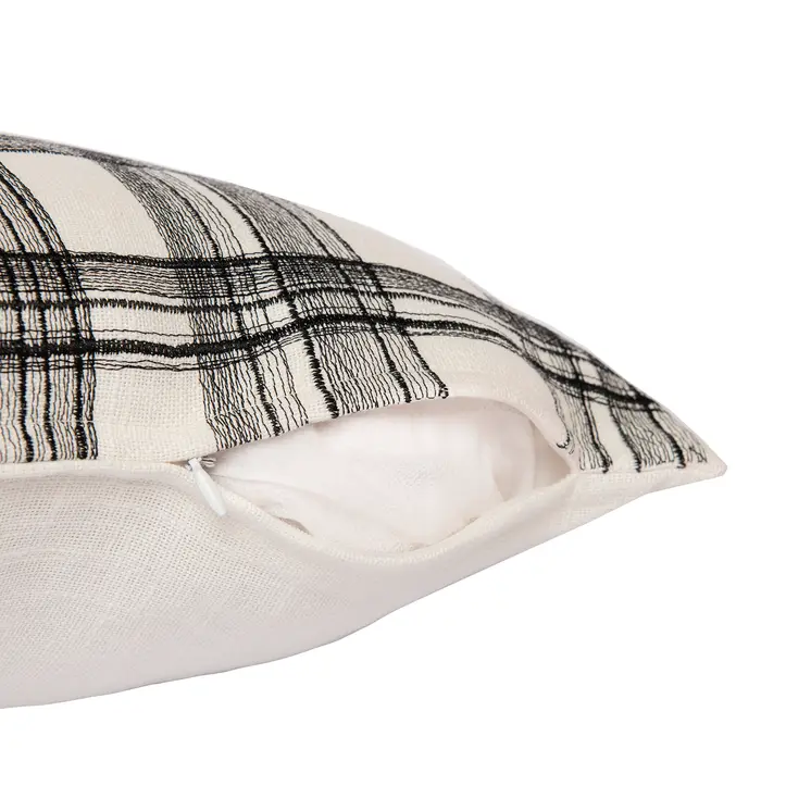 24" White and Black Check Cotton Blend Throw Pillow With Embroidery