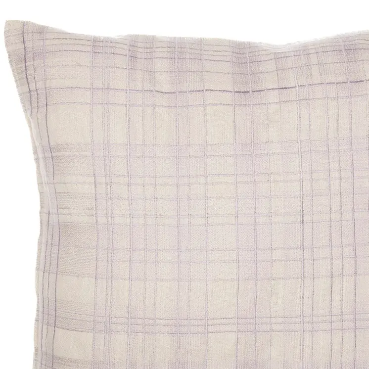 20" Ivory Check Cotton Blend Throw Pillow With Embroidery