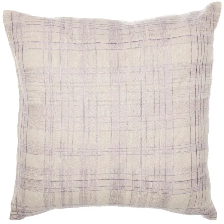 20" Ivory Check Cotton Blend Throw Pillow With Embroidery