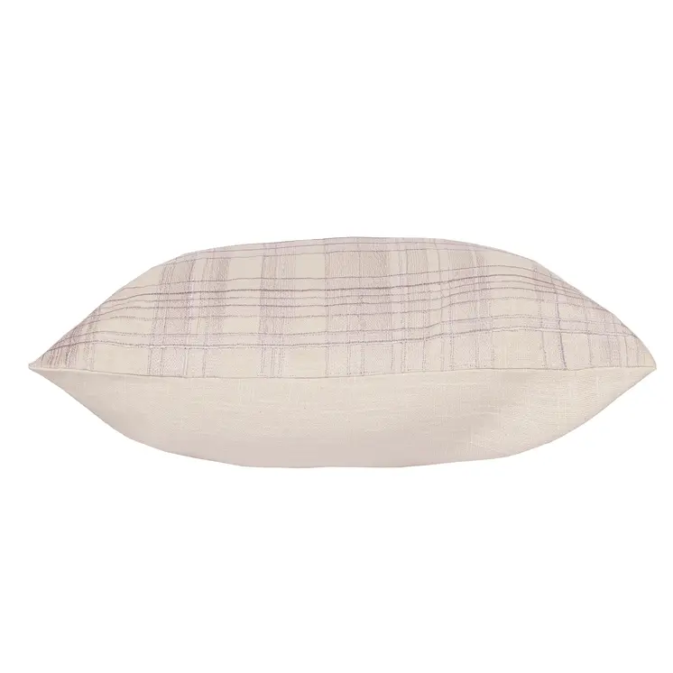 20" Ivory Check Cotton Blend Throw Pillow With Embroidery