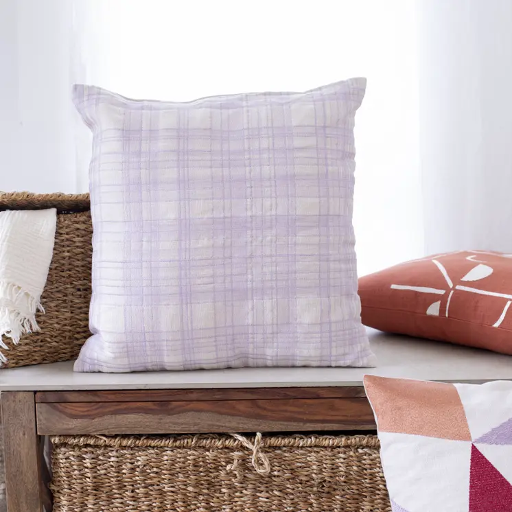 24" Ivory Check Cotton Blend Throw Pillow With Embroidery