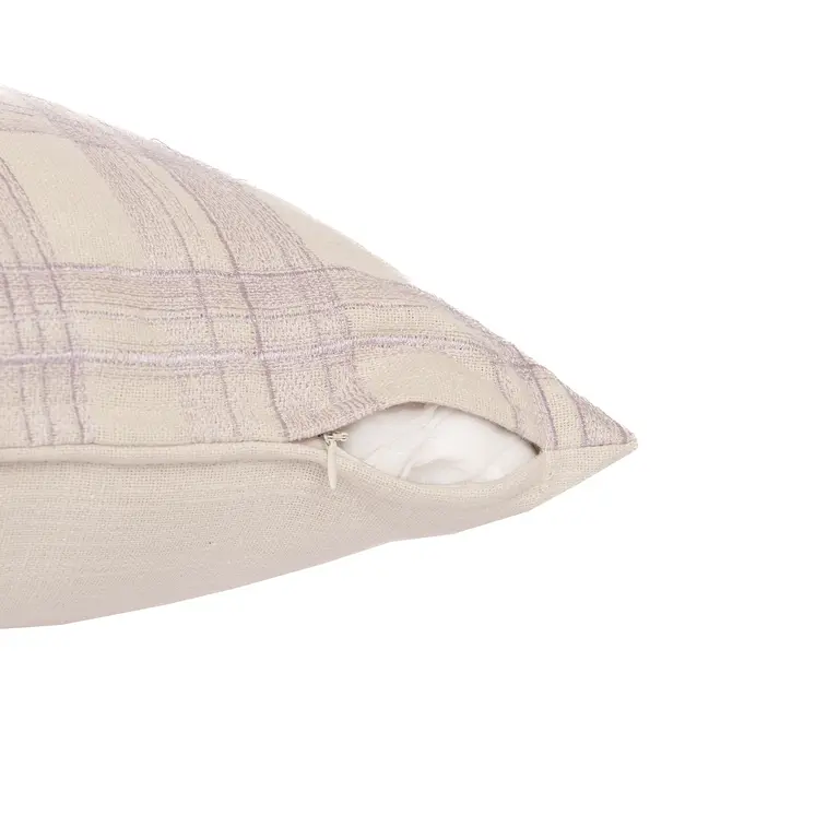 24" Ivory Check Cotton Blend Throw Pillow With Embroidery