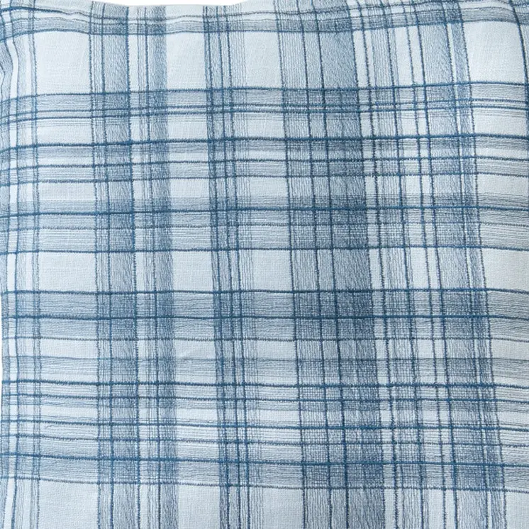 20" Blue Check Cotton Blend Throw Pillow With Embroidery