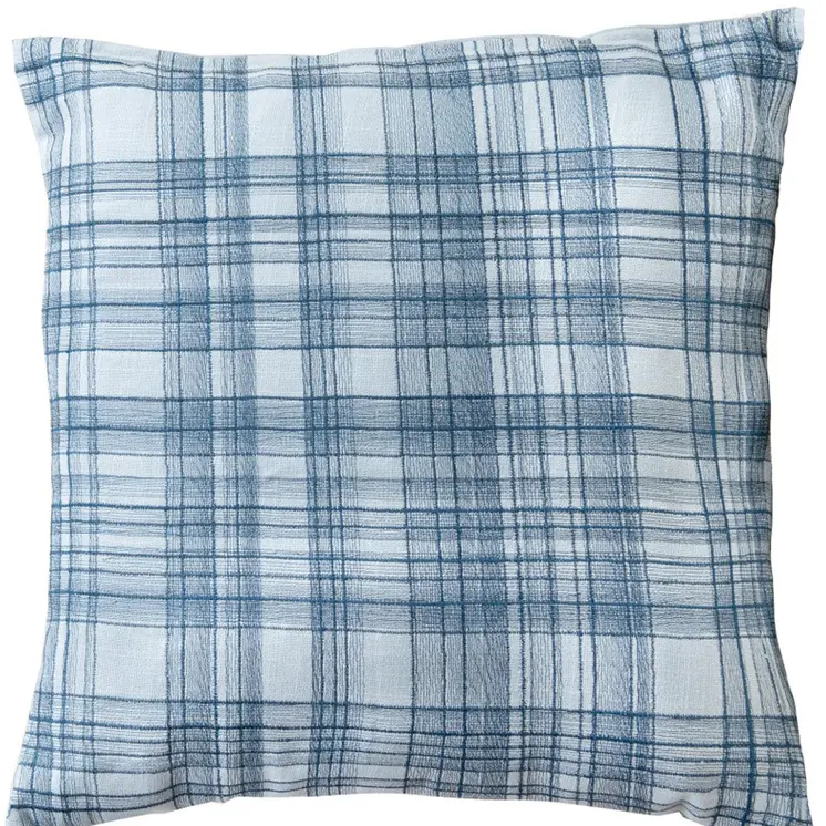 24" Blue Check Cotton Blend Throw Pillow With Embroidery