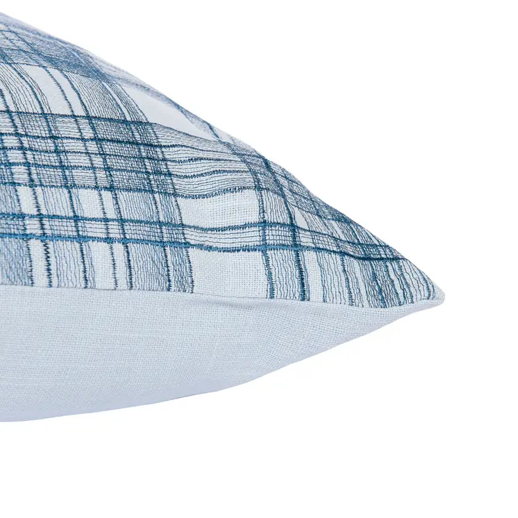24" Blue Check Cotton Blend Throw Pillow With Embroidery