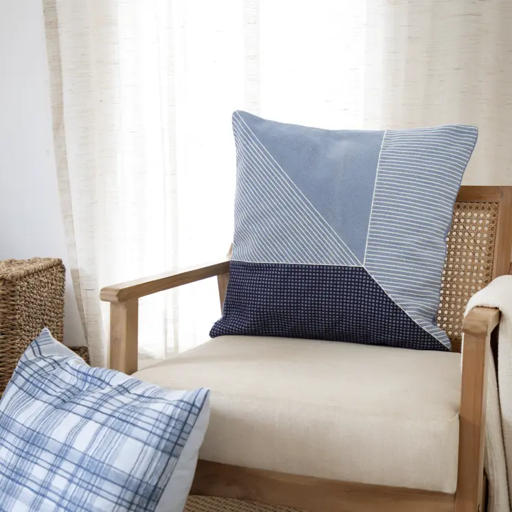 24" Blue Check Cotton Blend Throw Pillow With Embroidery