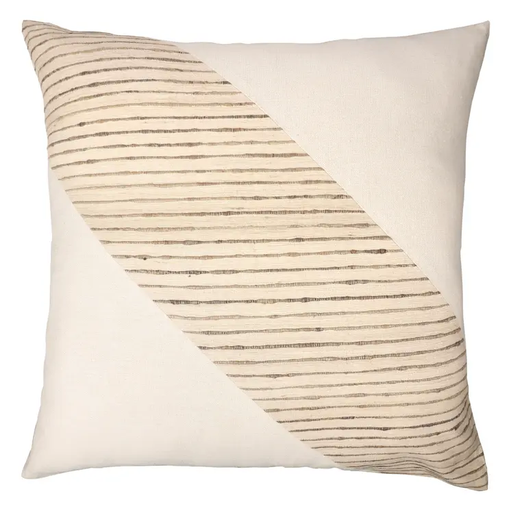 24" Beige and White Geometric Silk Throw Pillow With Embroidery