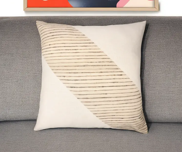 24" Beige and White Geometric Silk Throw Pillow With Embroidery