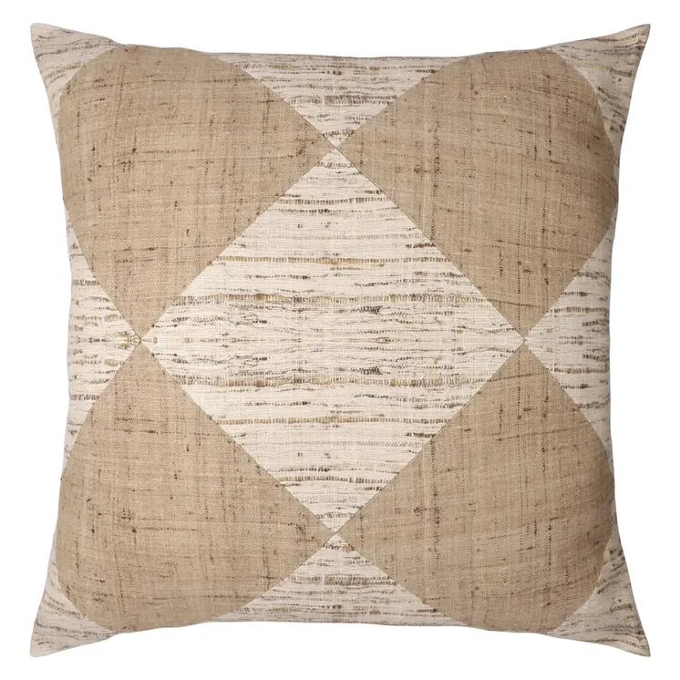 24" Brown and Beige Diamond Silk Throw Pillow With Embroidery