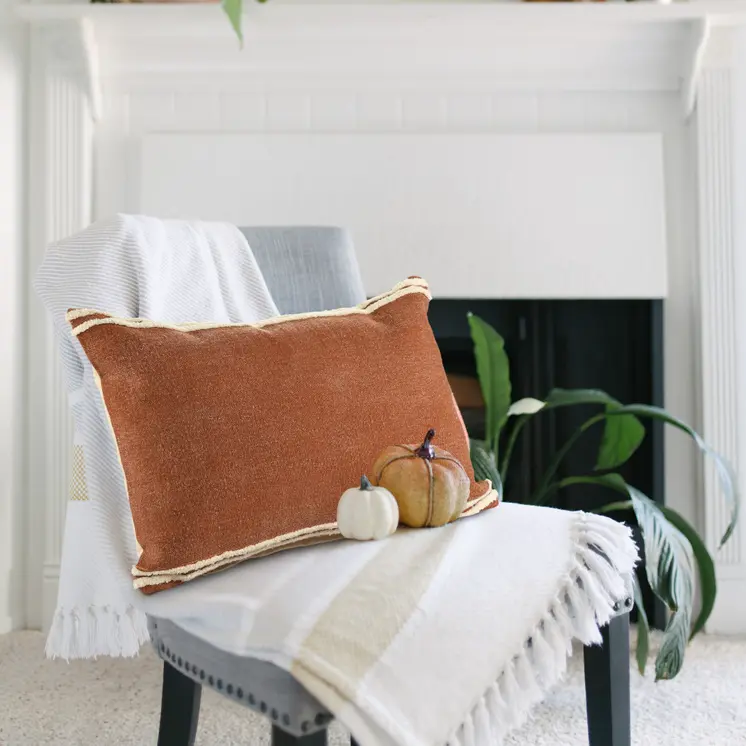 16" X 24" Cinnamon And Natural Striped Cotton Lumbar Throw Pillow With Texture