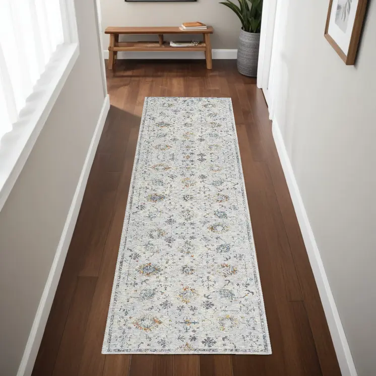8' Ivory And Blue Floral Runner Rug