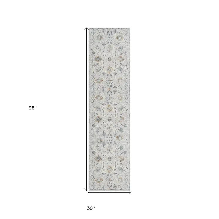 8' Ivory And Blue Floral Runner Rug
