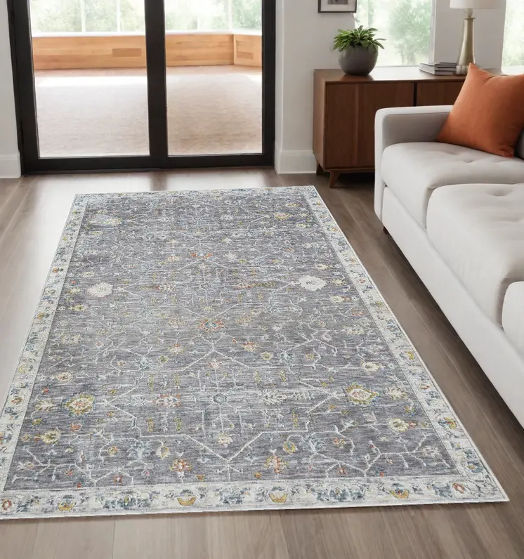5' X 8' Gray and Ivory Floral Area Rug