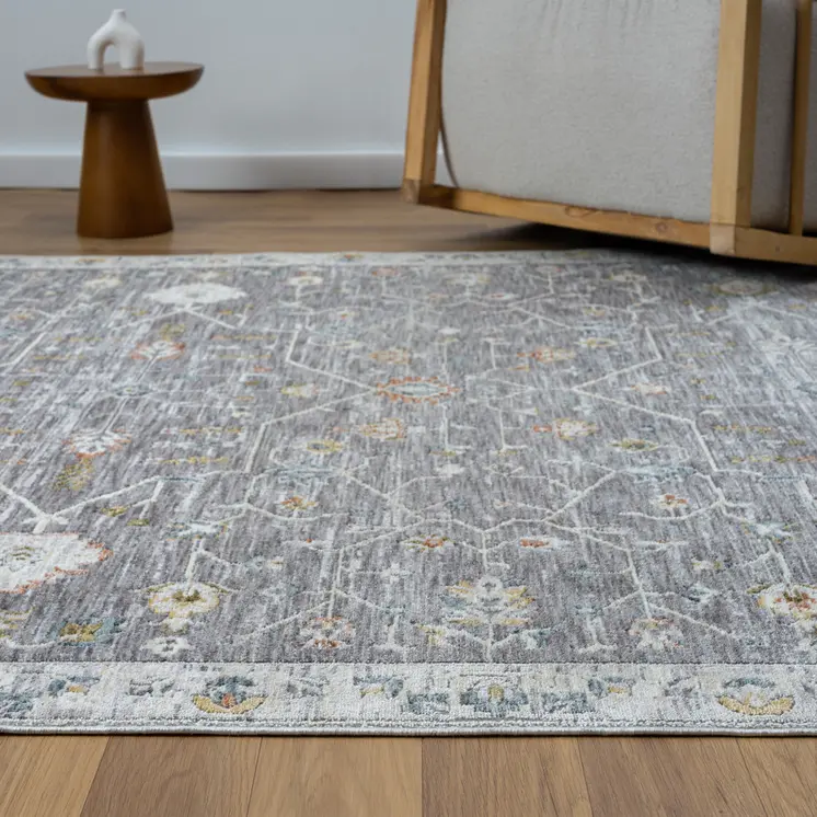 5' X 8' Gray and Ivory Floral Area Rug