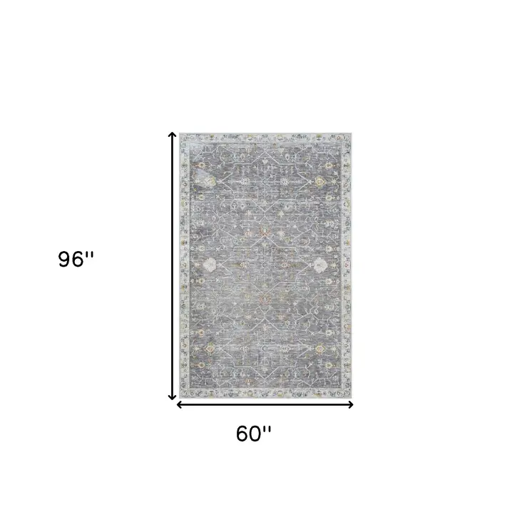 5' X 8' Gray and Ivory Floral Area Rug